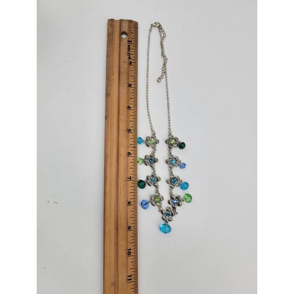 Silver Tone Beaded Pendant Necklace Crystal Charm Statement Necklace Blue Green - Picture 8 of 8